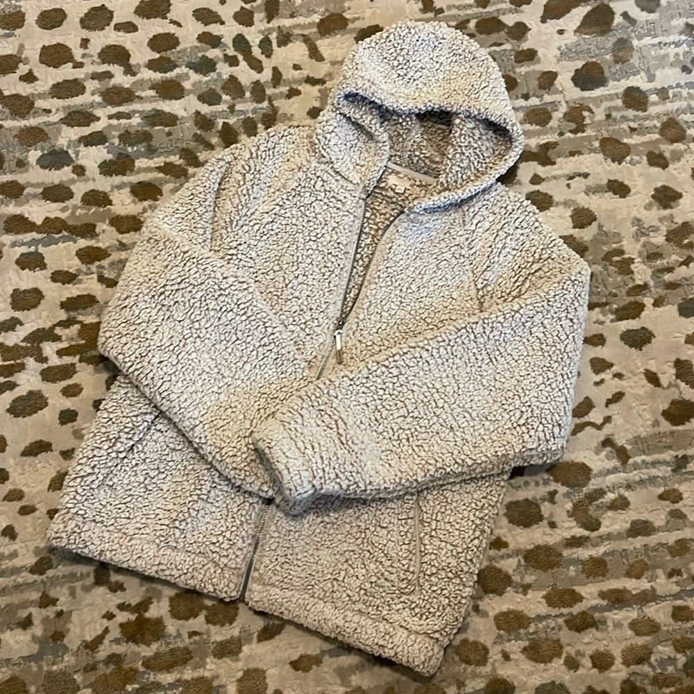 SO Women’s Hooded Teddy Sherpa Jacket Cream Tan Size XL